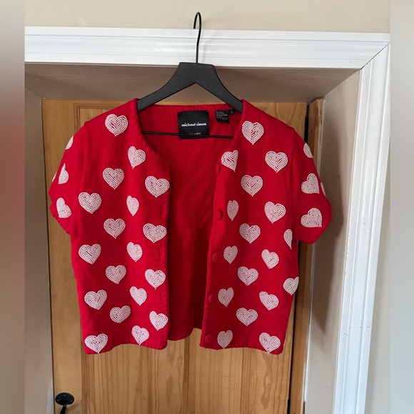 Michael Simon Sweaters - VTG 1999 Michael Simon Red/White Beaded Heart Cardigan,Valentines, Sweetheart, M